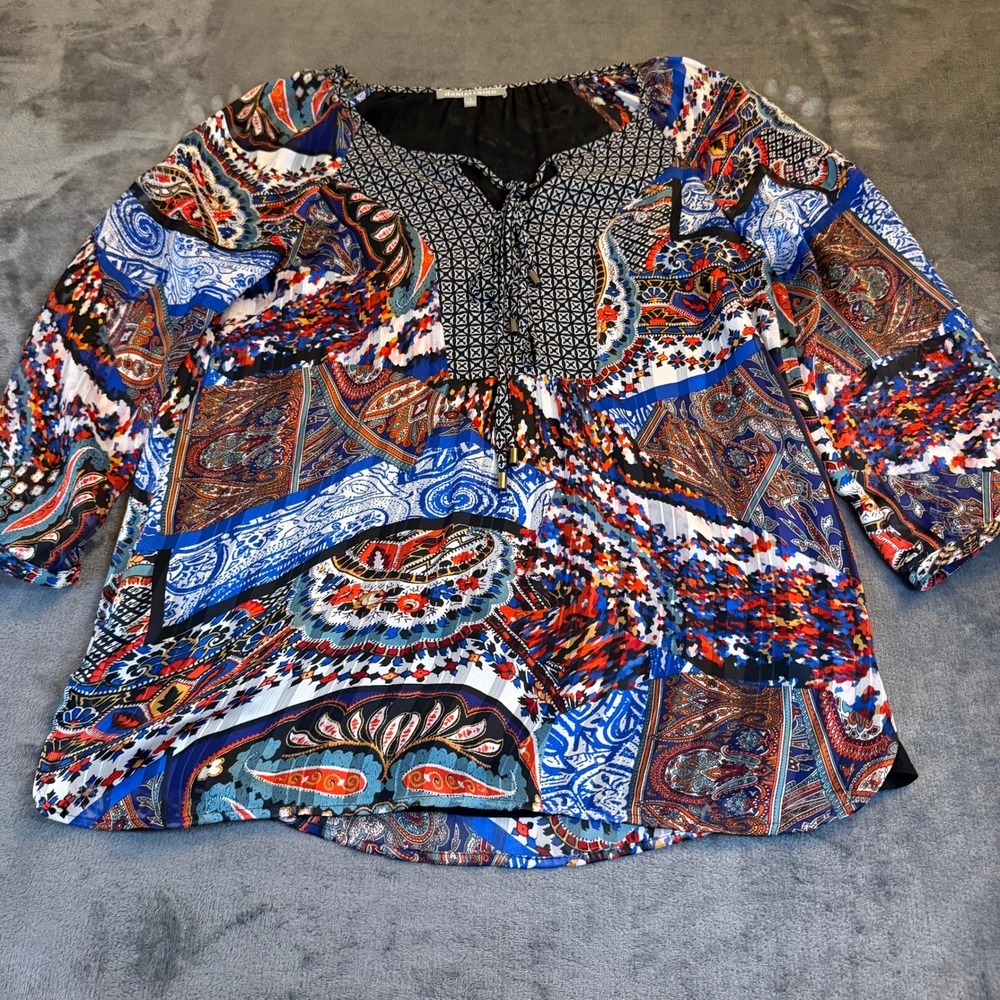Daniel Rainn Paisley Pleated Blouse Womens Medium Multicolor Lace Up Boho - Picture 2 of 9